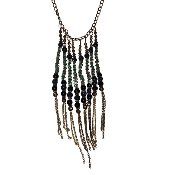 Navy And Light Blue Glass Beaded Dangle Fringe Gold Tone Vintage Necklace - Picture 3 of 8